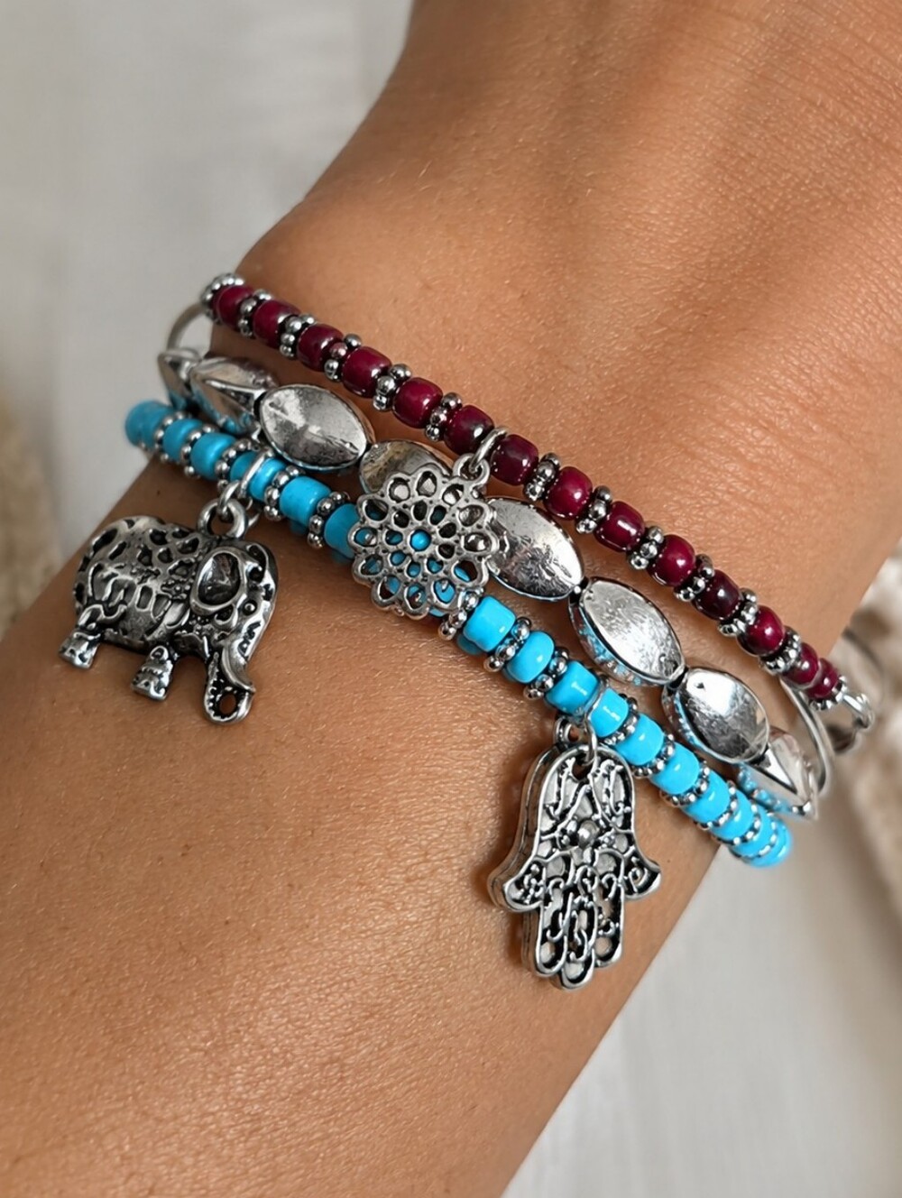 Boho Thin Bangle Silver Wire Beaded Stack Wrap Hamsa Elephant Charm Bracelet
